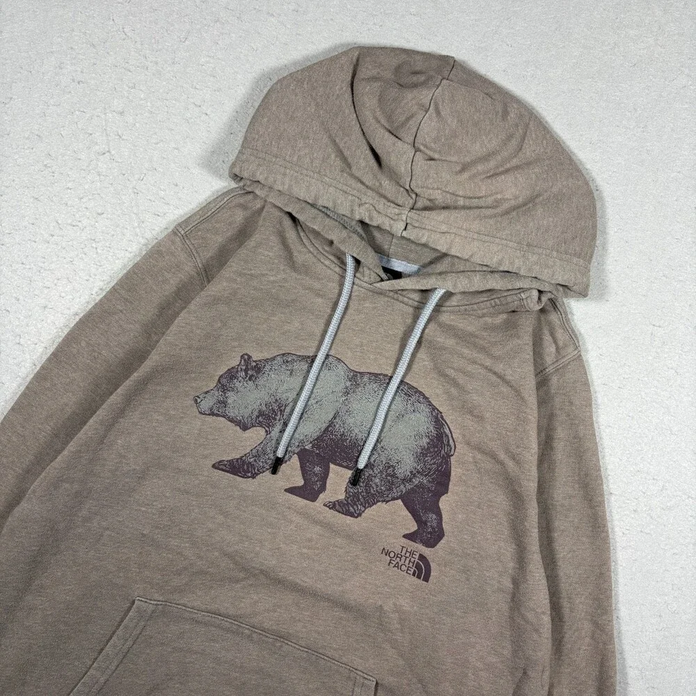 The North Face Bear Graphic Hoodie Mens M Taupe Grey Pullover Sweatshirt